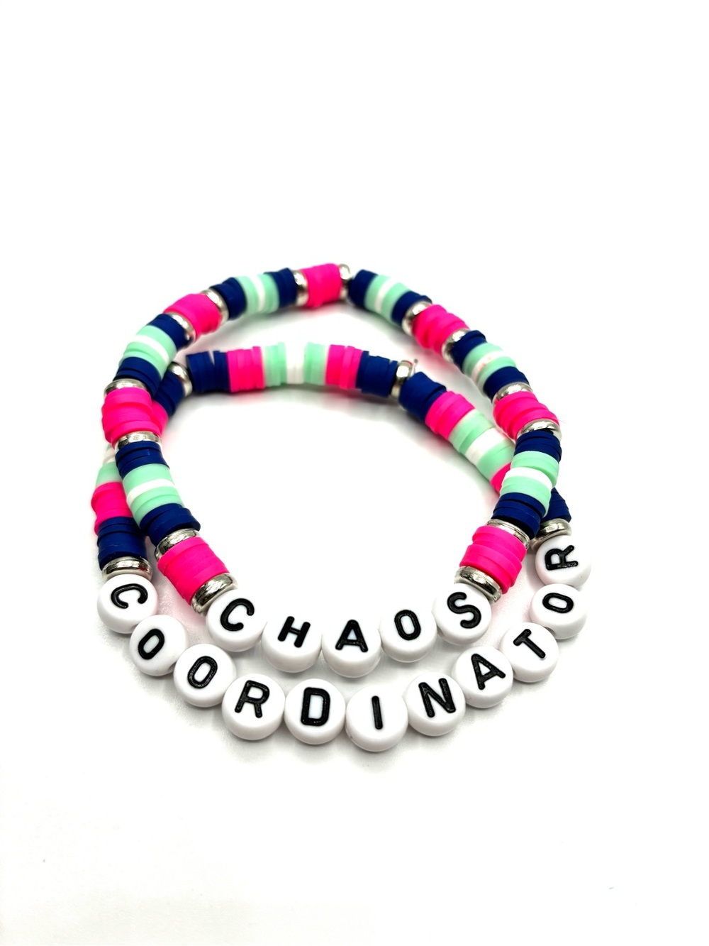 'Chaos Coordinator' Beaded Stretch Bracelet Set - Pink, Navy & Mint